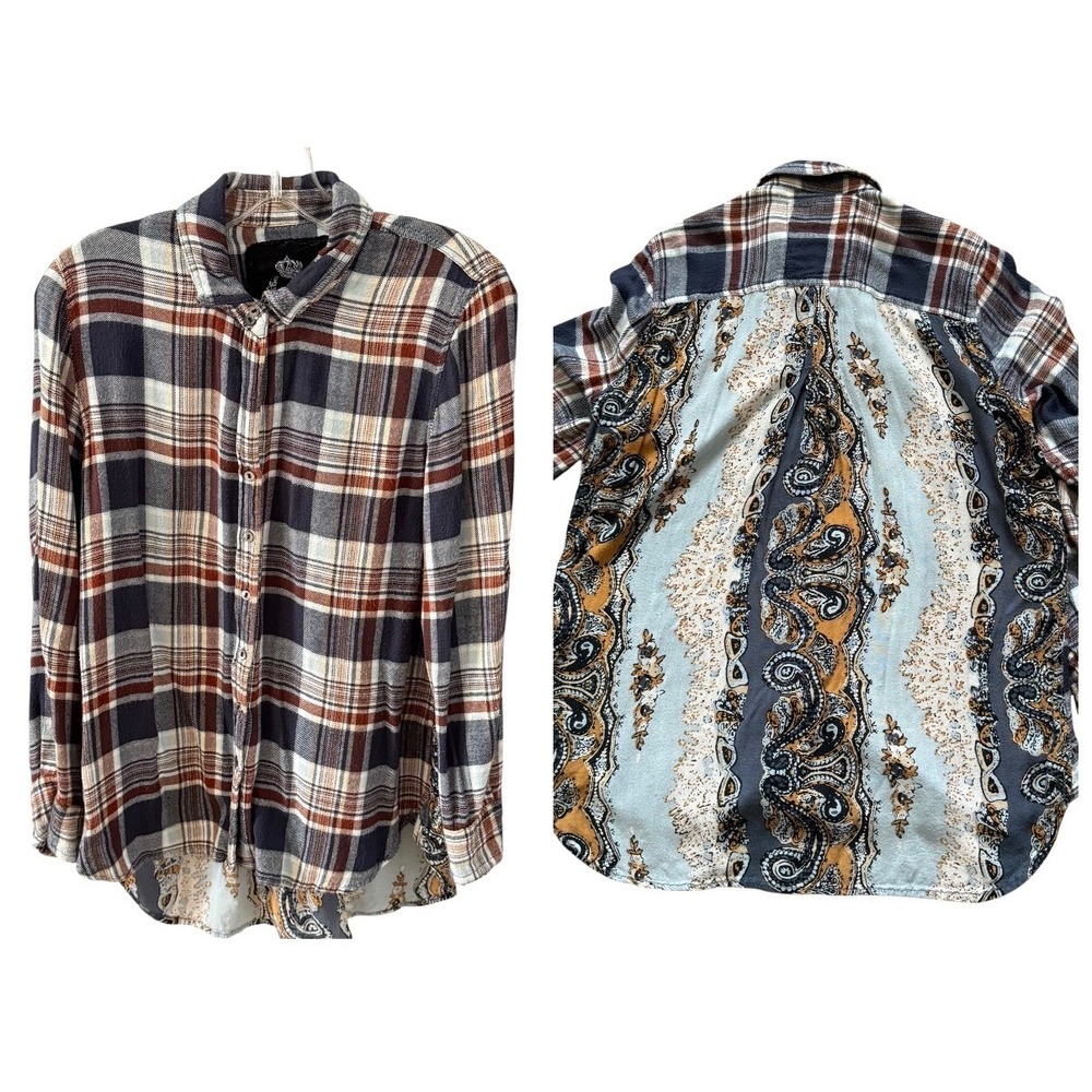 Cino Mixed Media Flannel Plaid Paisley Button‎ Down Shirt Rust Navy Boho Top